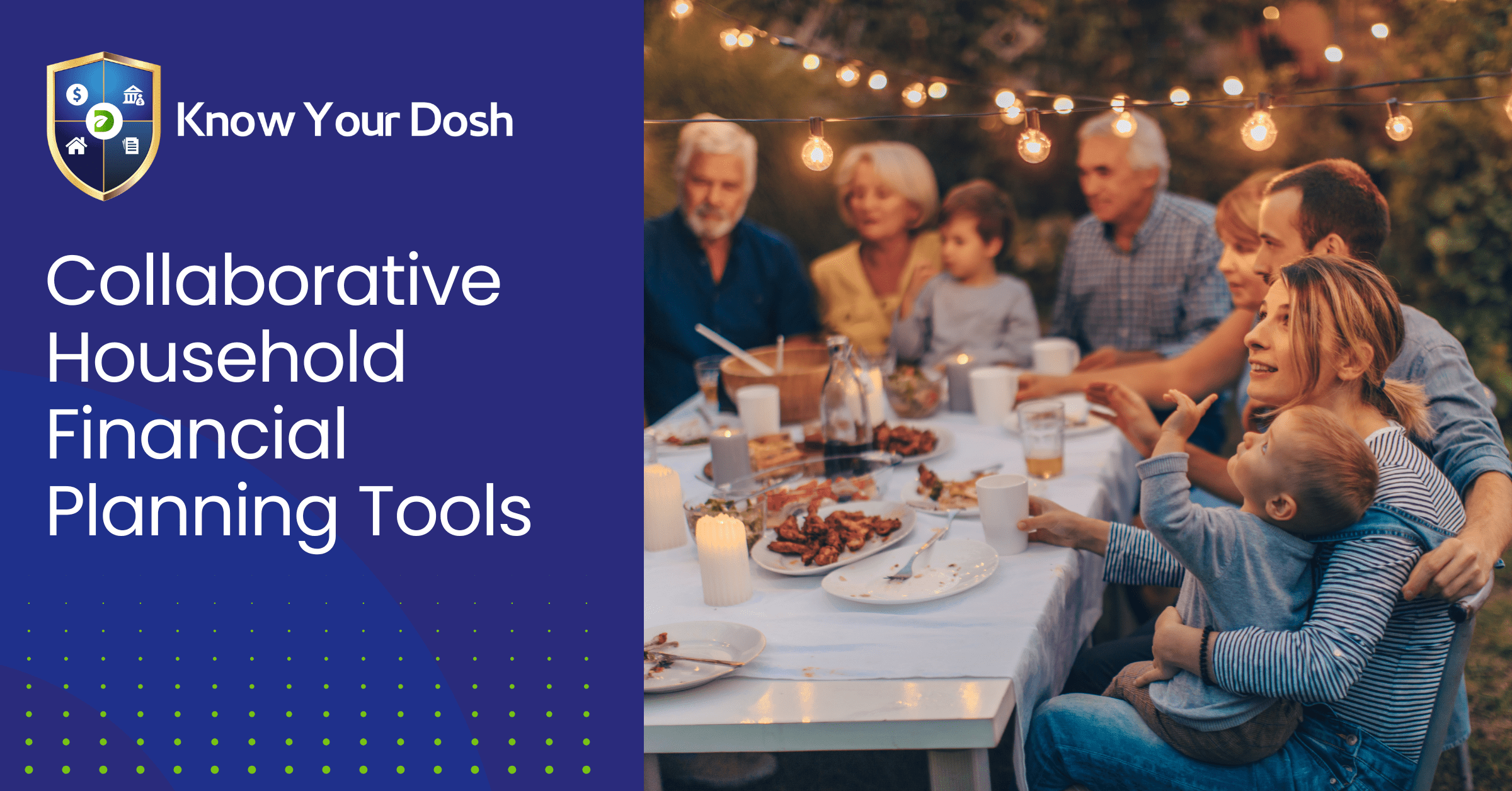 generations of family sat round a table outside in early evening eating with light fittings above