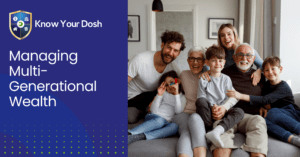 a happy family of three generations sitting on sofa together