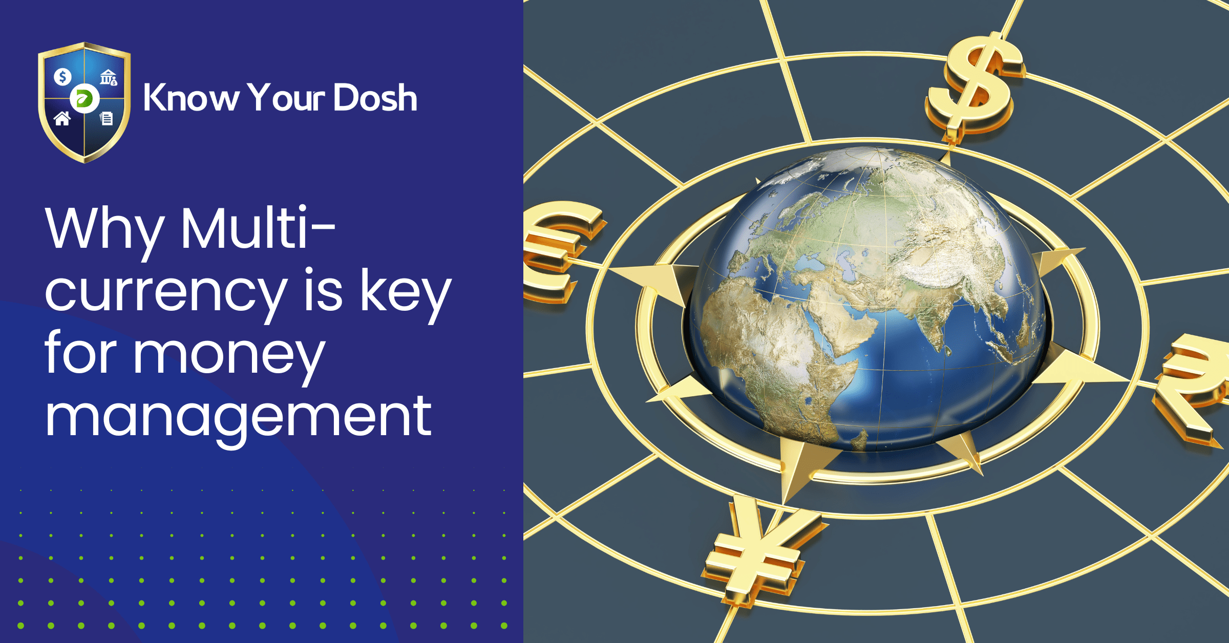 globe set in a compass with each direction featuring a multi-currency symbol, including dollar, euro, yen and rupee