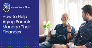 an aging parent talking to their adult son on the sofa