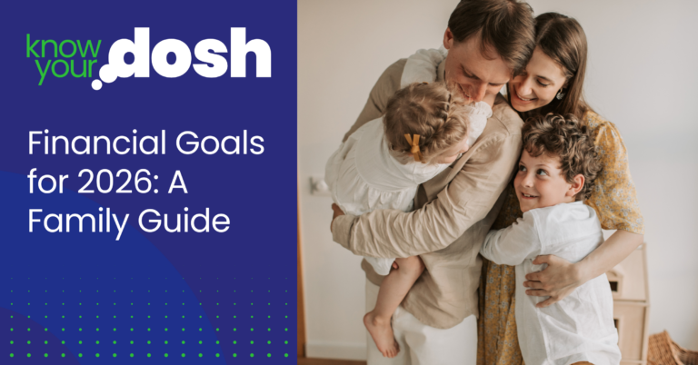 family of four of all hugging with happy content expressions thanks to shared financial goals