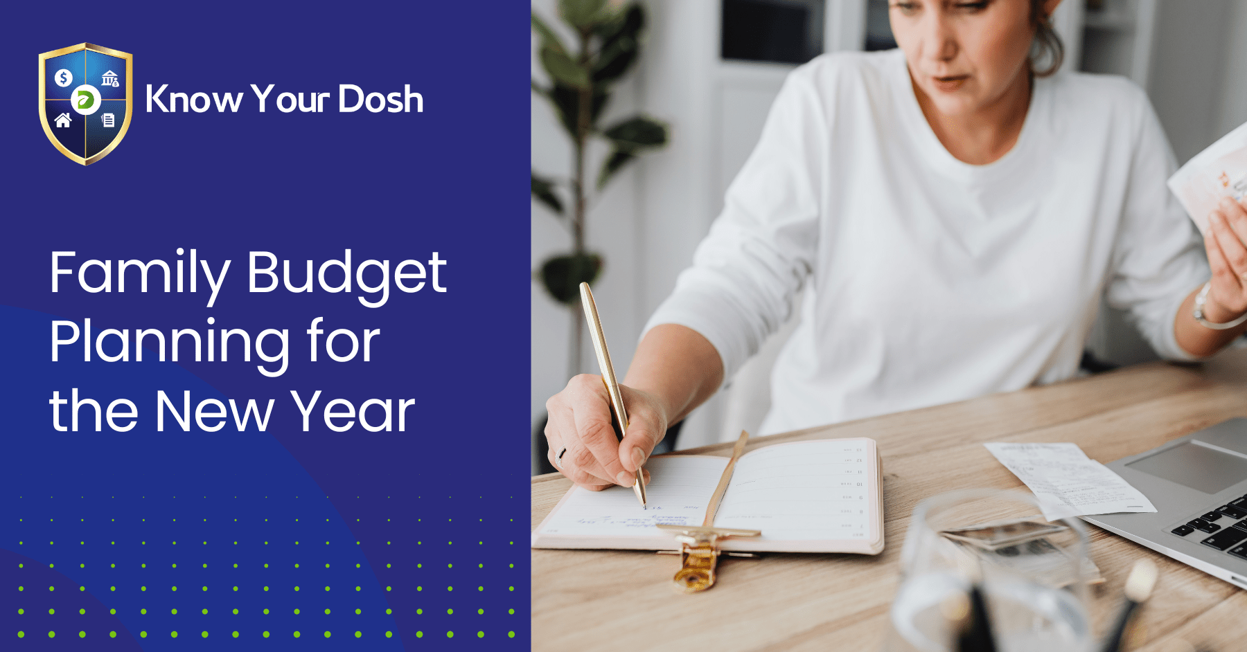 woman at desk with pen and paper in hand working on family budget