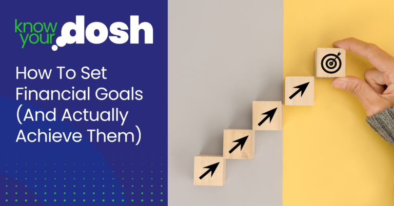 wooden block moving from left to right in an upward diagonal shape with arrows pointing and a target at the end for achieving financial goals