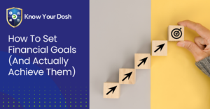 wooden block moving from left to right in an upward diagonal shape with arrows pointing and a target at the end for achieving financial goals