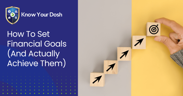 wooden block moving from left to right in an upward diagonal shape with arrows pointing and a target at the end for achieving financial goals