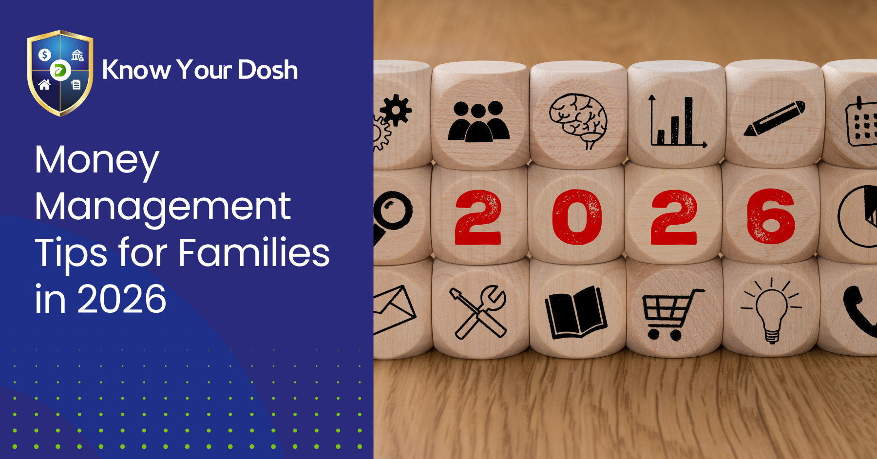 wooden blocks all stacked up with different icons and 2026 in red in the middle, representing areas for money management