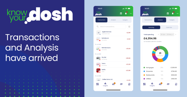 Two app screens of know your dosh showing the new insight section of the mobile app