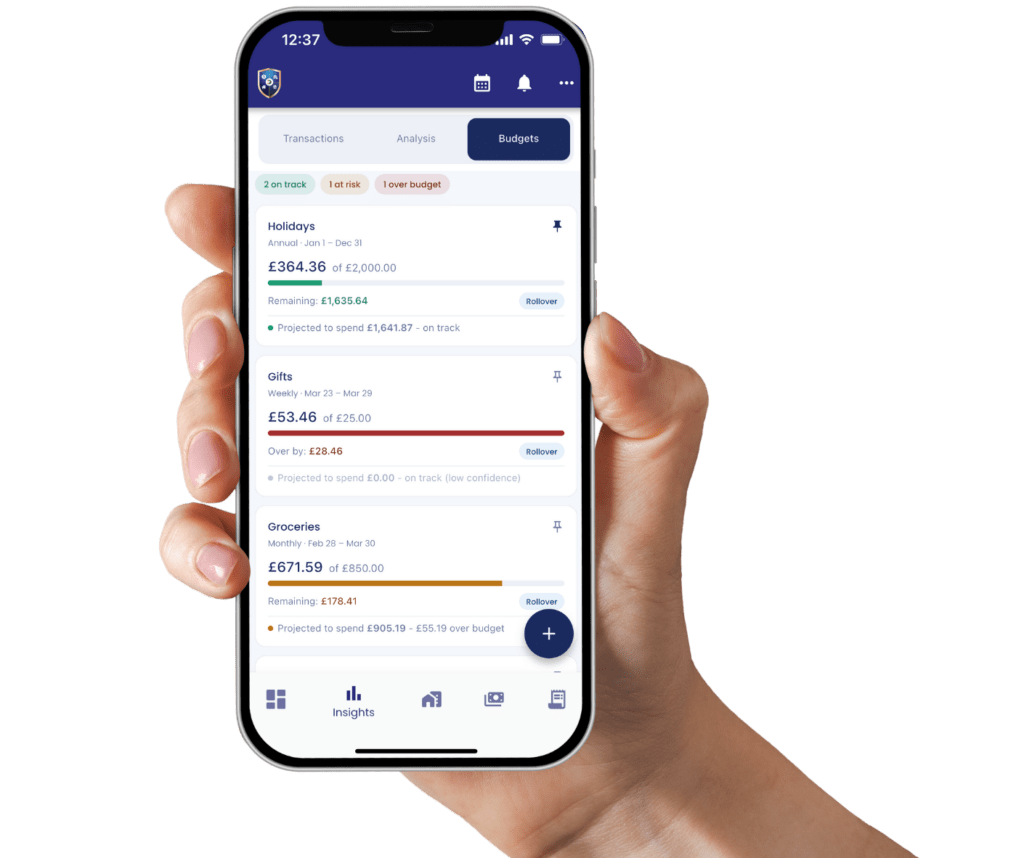 hand holding up smartphone displaying a household budget in the know your dosh app