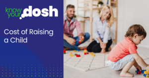 cost of raising a child with young toddler playing in foreground and parents watching in the background