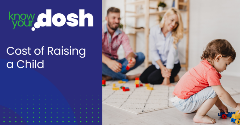 cost of raising a child with young toddler playing in foreground and parents watching in the background