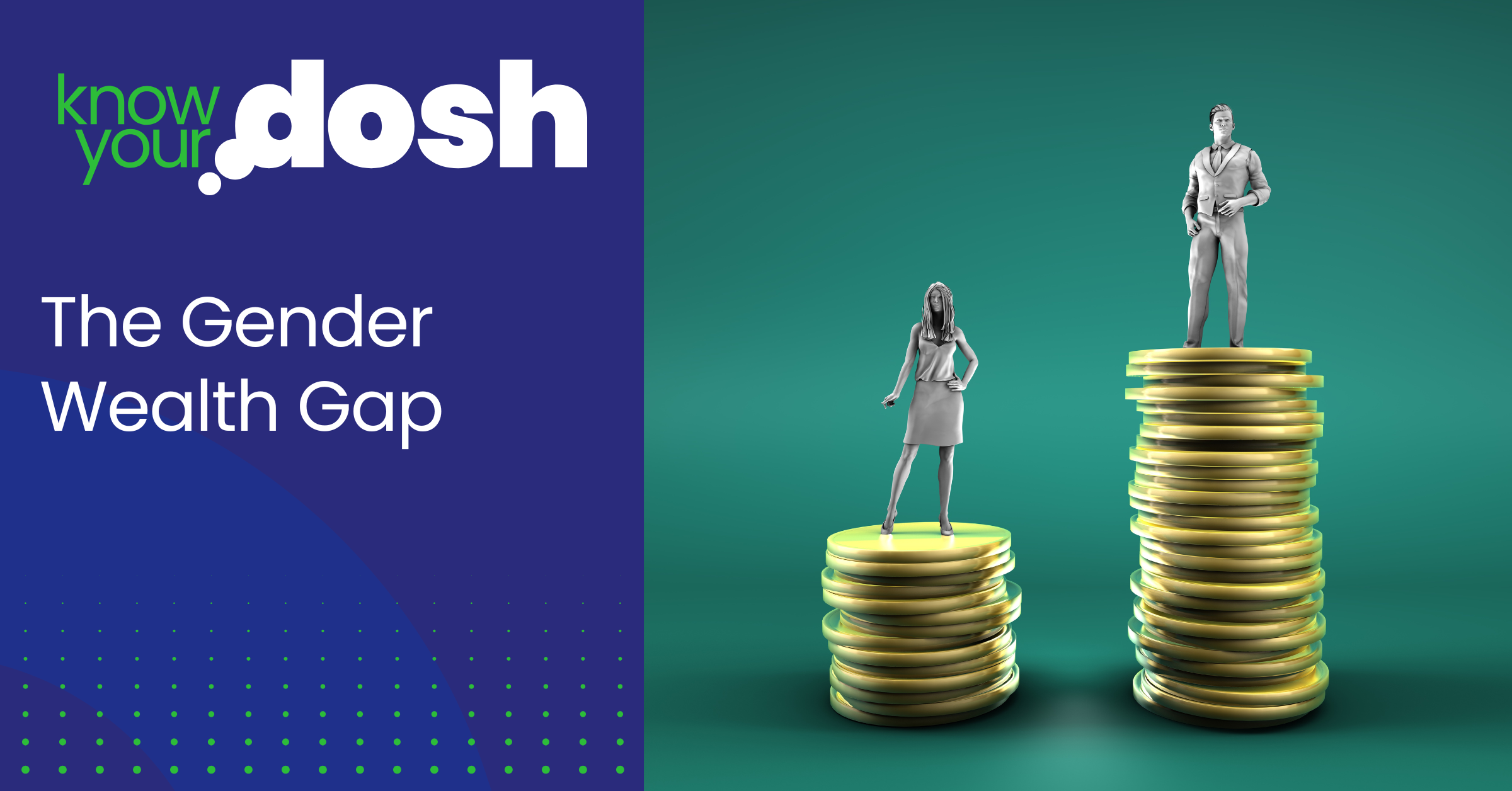 female figure standing on a pile of coins, a male figure standing on a bigger pile of coins