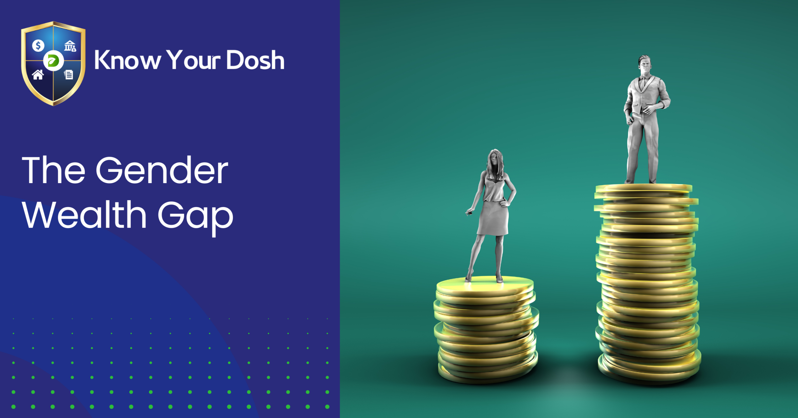 female figure standing on a pile of coins, a male figure standing on a bigger pile of coins