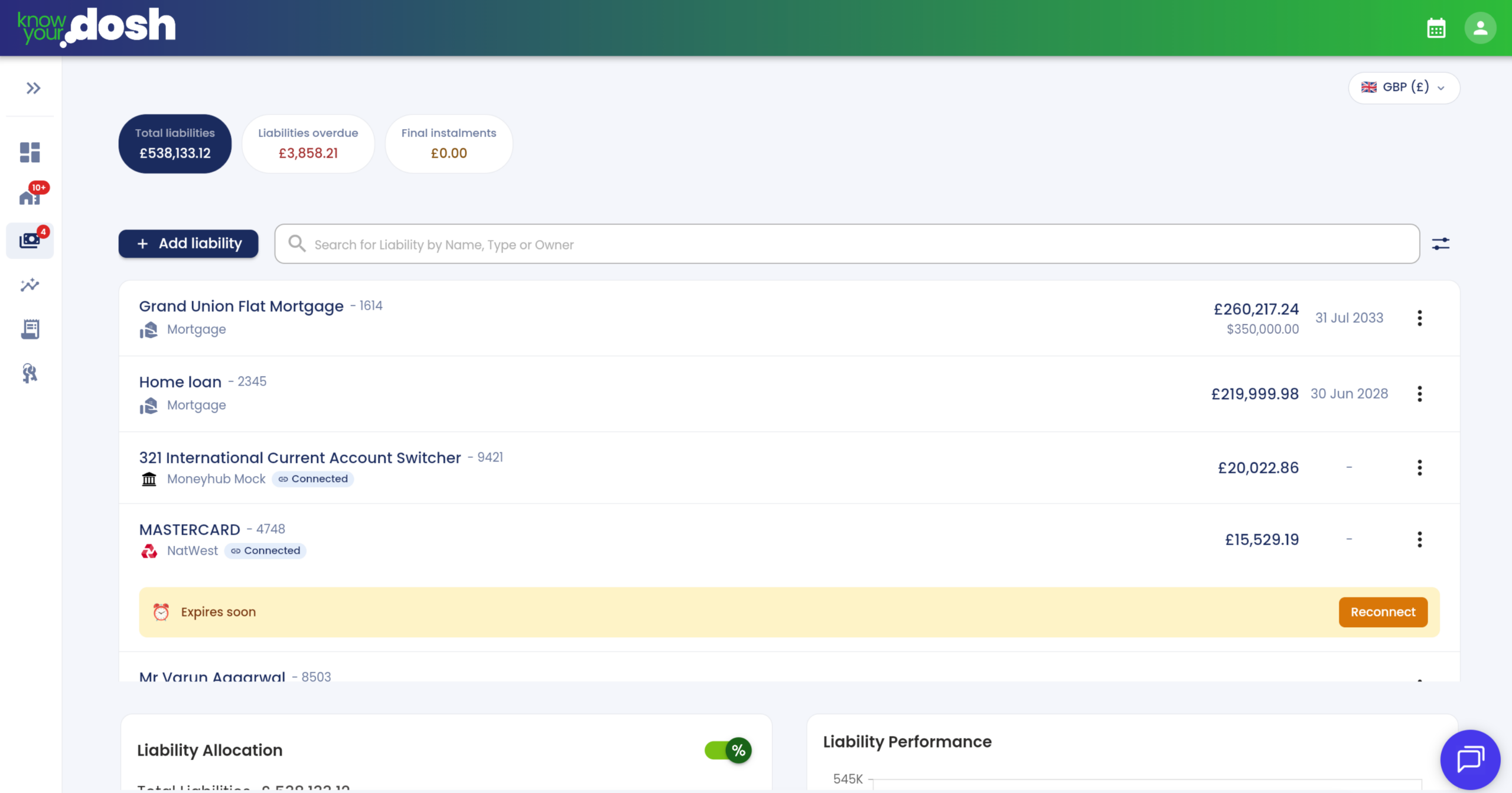 liabilities screenshot of know your dosh