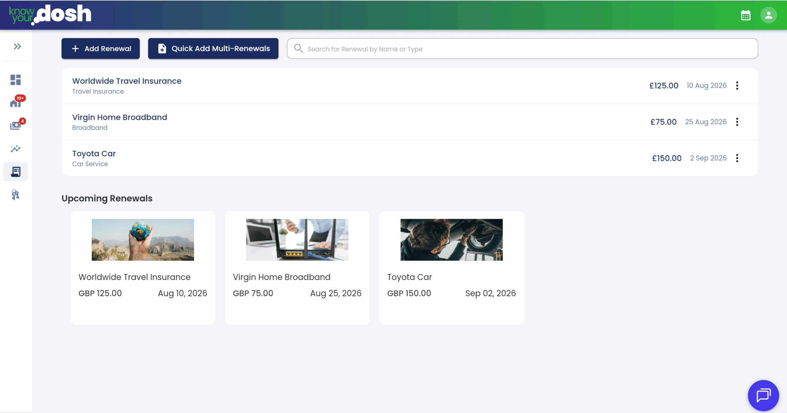 renewals screenshot of know your dosh